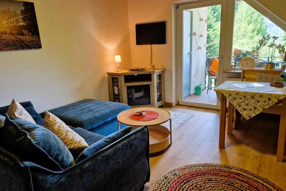 Blick auf Kuschelsofa, Kamin, Smart-TV und Balkon